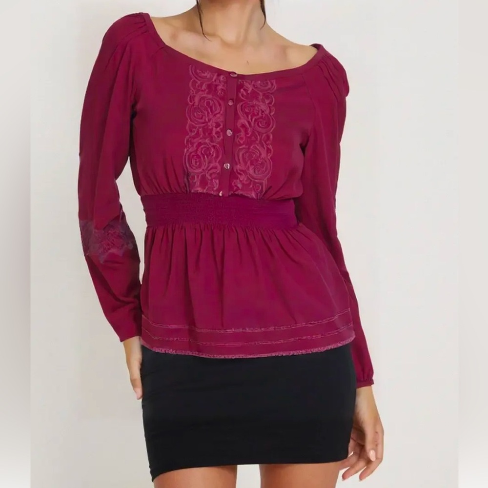 Bebe Purple Long Sleeve Smocked Peplum Blouse - Picture 1 of 11